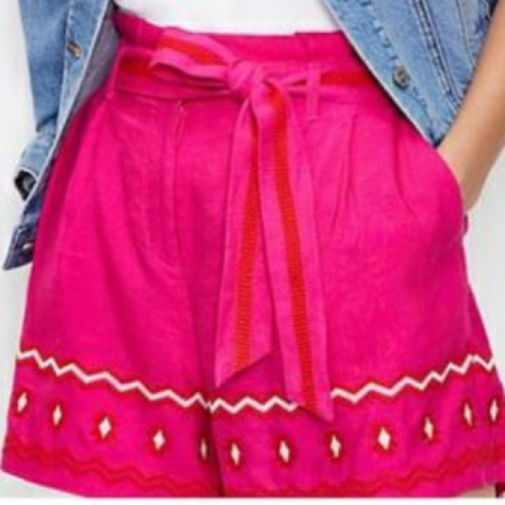 LOFT Linen Aztec High Waisted Belted Paper Bag Embroidered Shorts Pink Red White - Picture 2 of 13